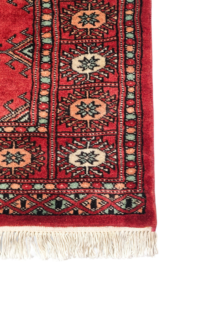 Ruby Red and Peach Turkmen Gül Bokhara, Hand-Knotted Wool Rug