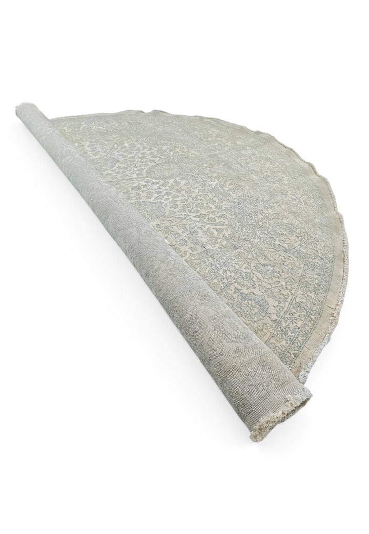 Sage and Cream Concentric Floral Round, Hand-Knotted Wool and Silk Rug