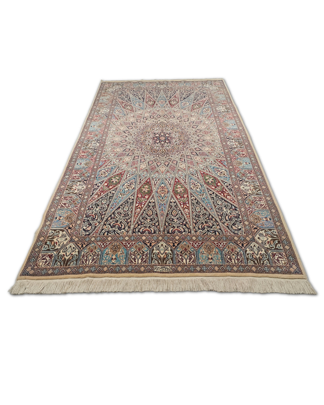 Ivory and Blue Gonbad Dome Persian Nain, Hand-Knotted Wool Rug