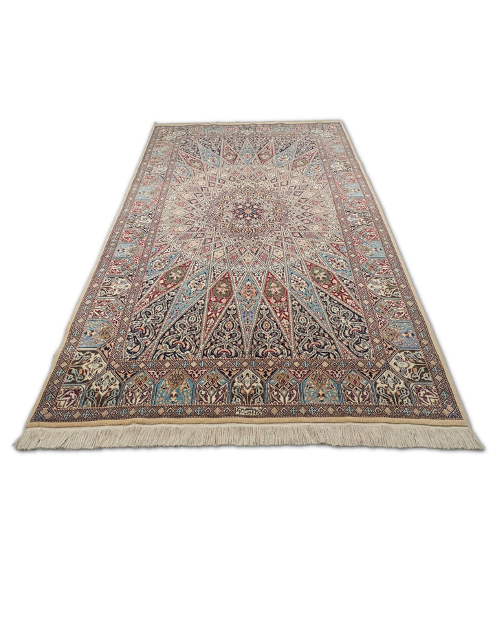 Ivory and Blue Gonbad Dome Persian Nain, Hand-Knotted Wool Rug