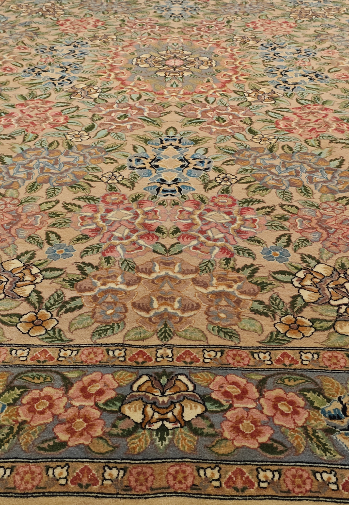 Camel and Pink Rose Floral, Hand-Knotted Wool Rug