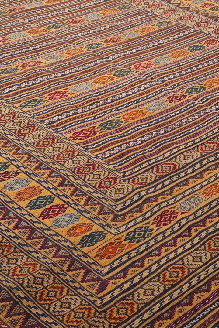 Saffron Gold and Plum Banded Kilim, Hand-Woven Wool
