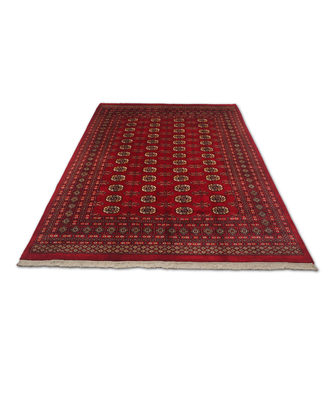 Madder Red and Wheat Gold Turkmen Gül Bokhara, Hand-Knotted Wool Rug