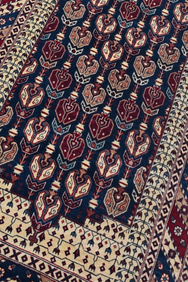 Navy and Cream Hereke Floral, Hand-Knotted Wool Rug