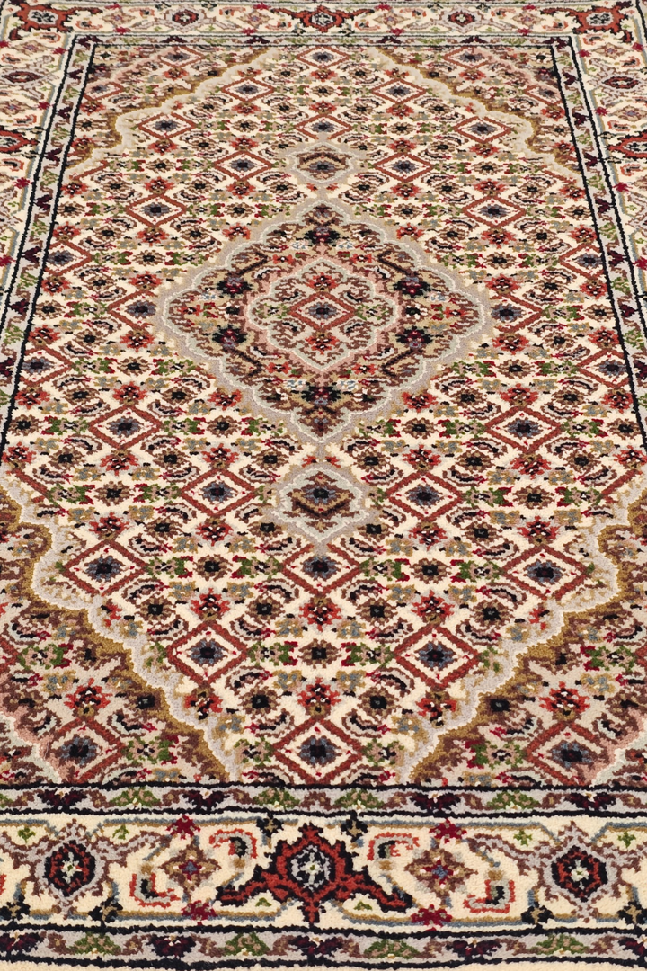 Ivory and Chestnut Mahi Medallion Tabriz, Hand-Knotted Wool Rug