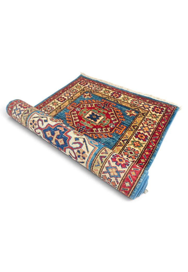 Teal Blue and Cream Hooked Medallion Kazak, Hand-Knotted Wool Rug
