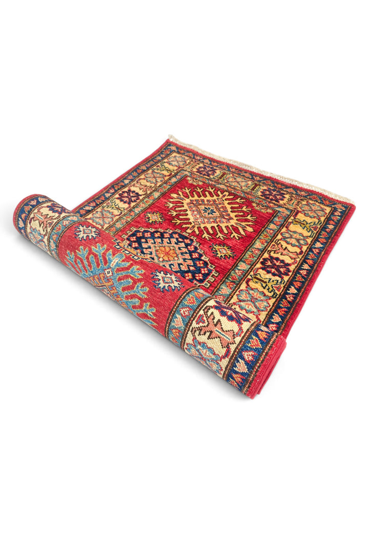 Cherry Red and Cream Starburst Medallion Kazak, Hand-Knotted Wool Rug