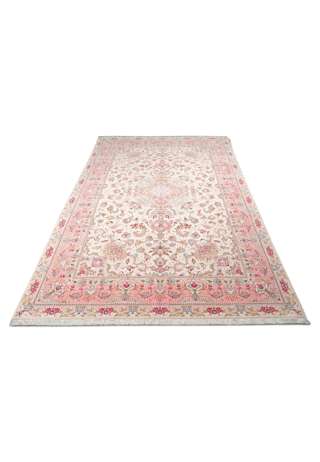 Cream and Rose Pink Medallion Tabriz, Hand-Knotted Wool Rug