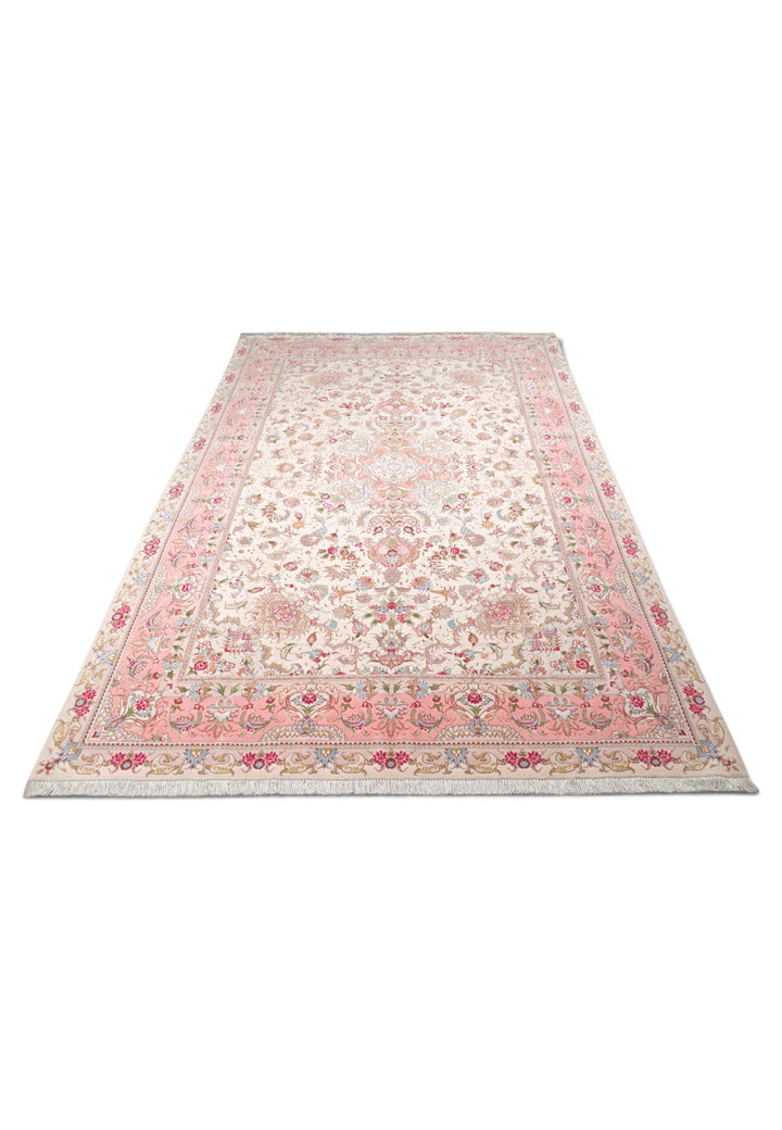 Cream and Rose Pink Medallion Tabriz, Hand-Knotted Wool Rug