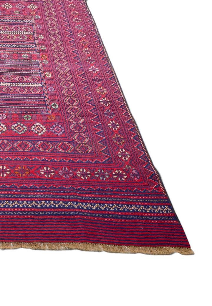 Rose Red and Navy Four-Panel Kilim, Hand-Woven Wool