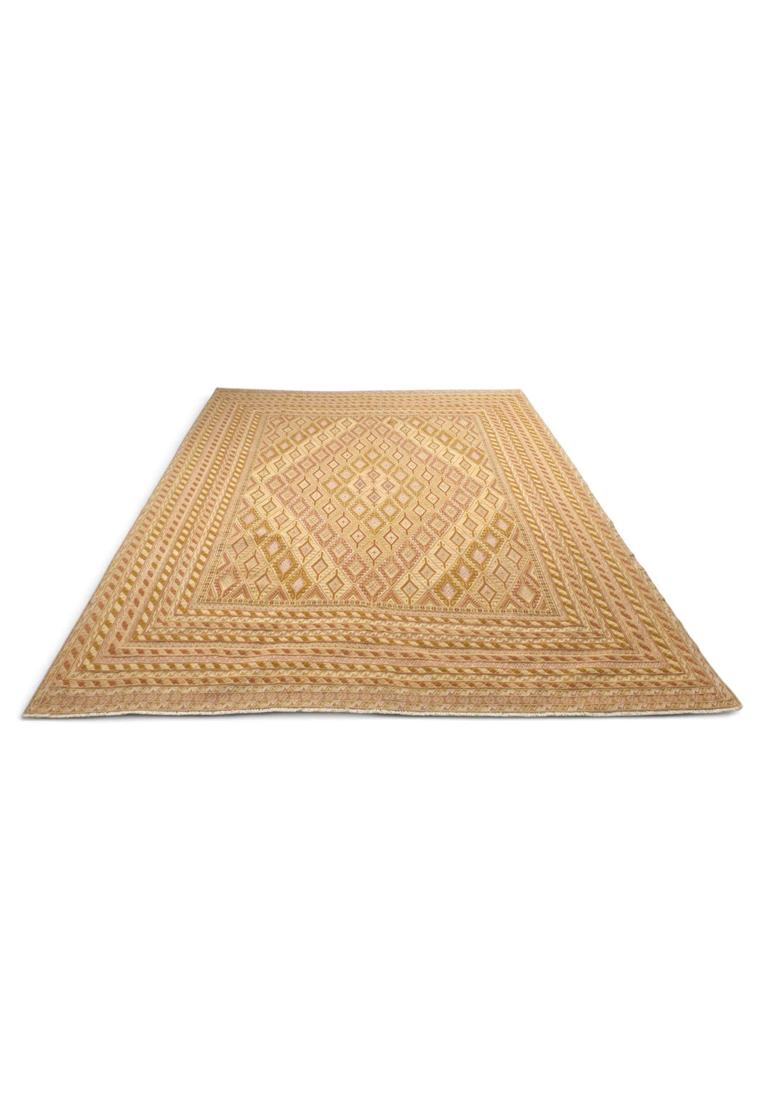 Gold and Cream Diamond Lattice Kilim, Hand-Woven Wool