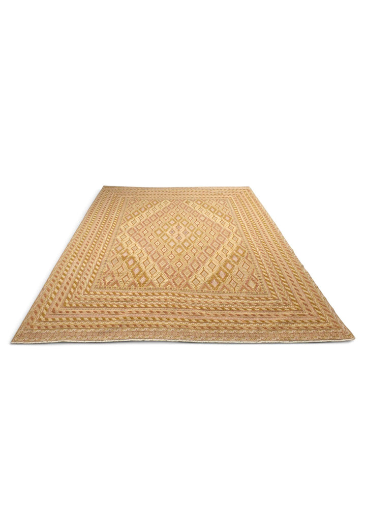 Gold and Cream Diamond Lattice Kilim, Hand-Woven Wool