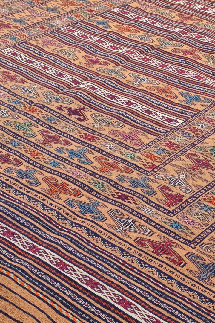 Apricot Camel and Indigo Banded Kilim, Hand-Woven Wool