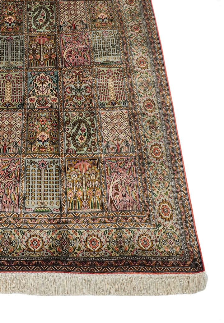 Sage and Rose Khesti Garden Panel, Hand-Knotted Silk Rug