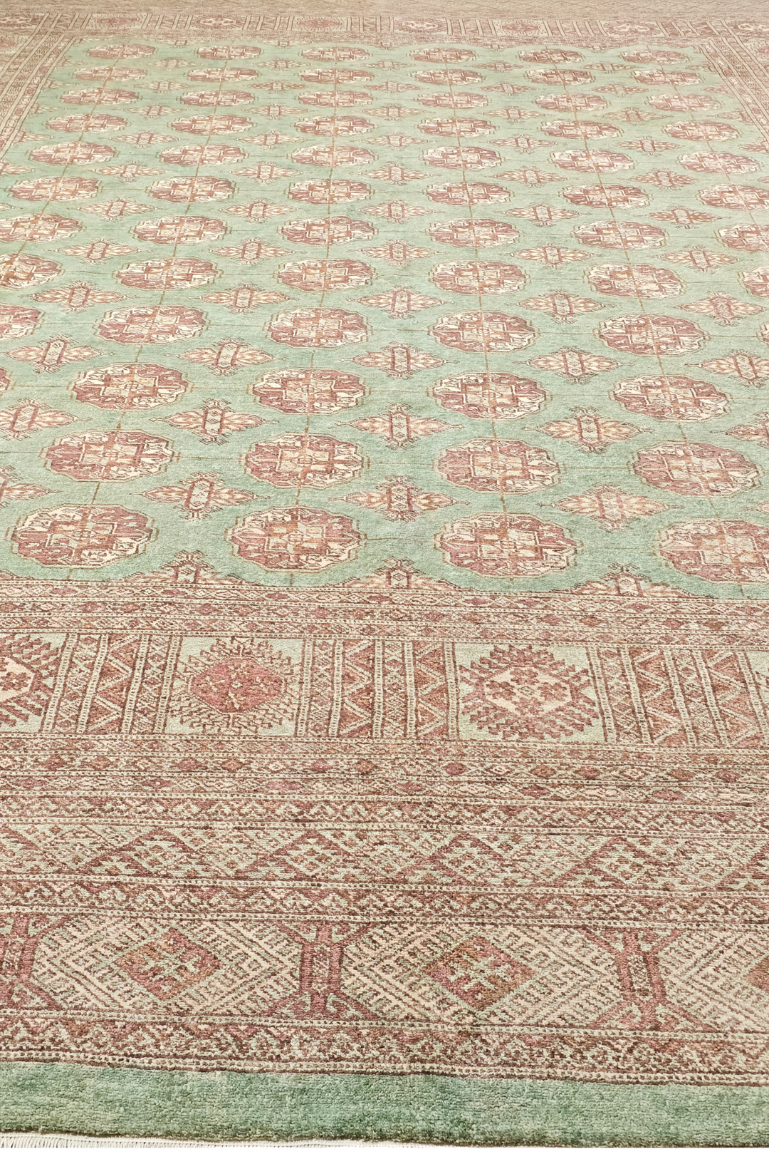 Sage and Rose Turkmen Gül Bokhara, Hand-Knotted Wool Rug