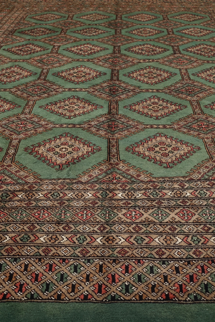 Sage Green and Taupe Compartment Lattice Bokhara, Hand-Knotted Wool Rug