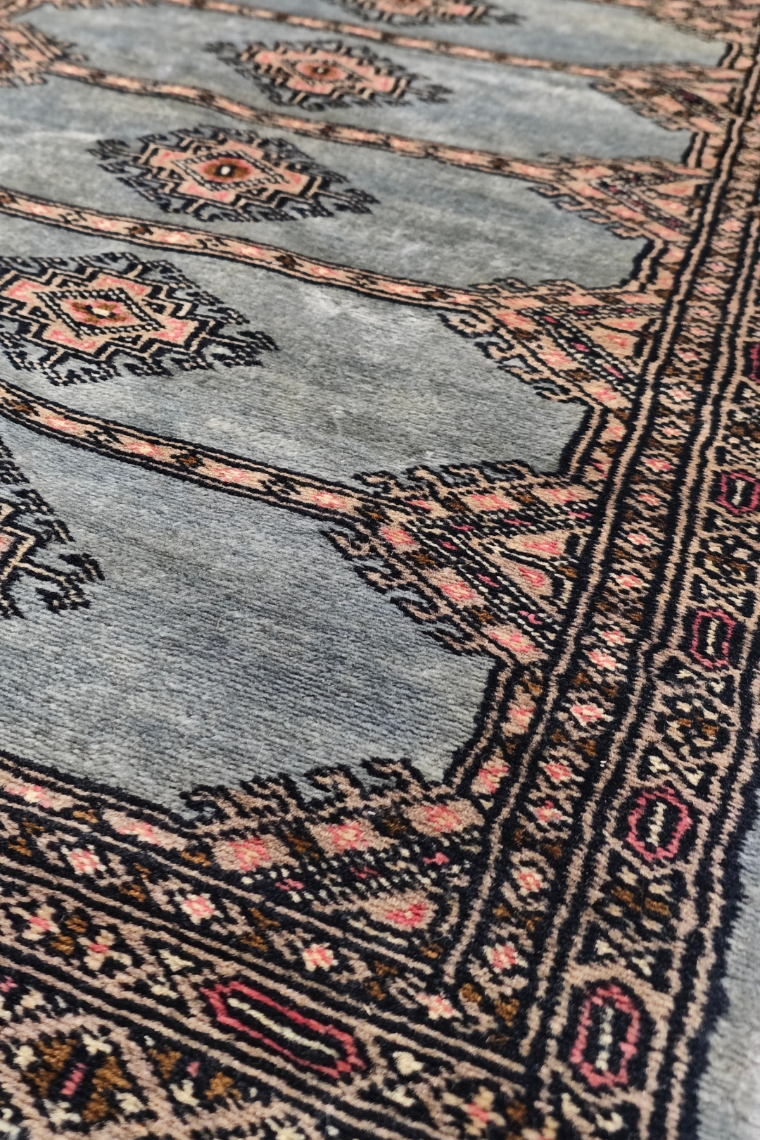 Dusty Blue and Peach Jaldar Diamond Medallion, Hand-Knotted Wool Rug