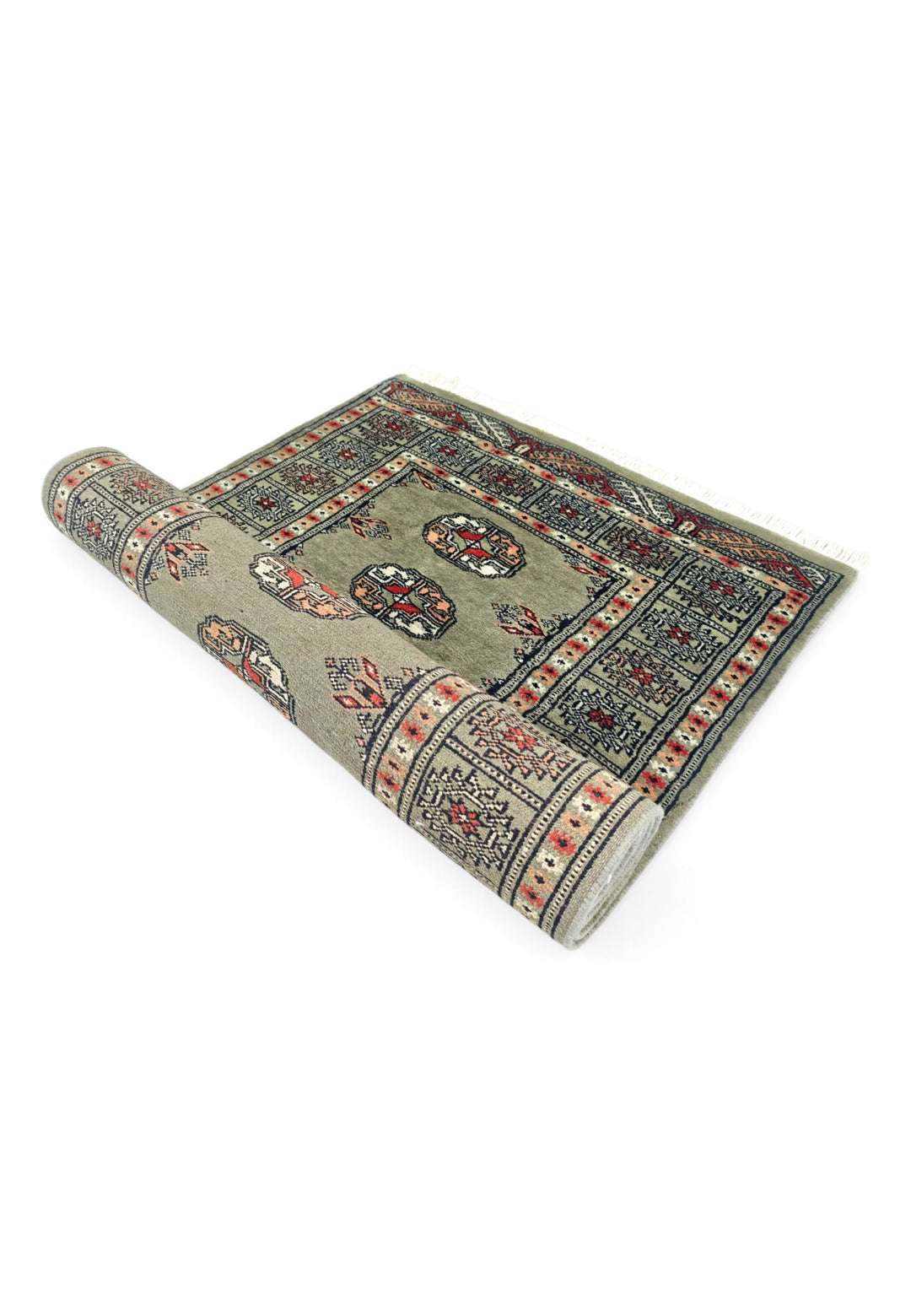 Olive and Peach Turkmen Gül Bokhara, Hand-Knotted Wool Rug
