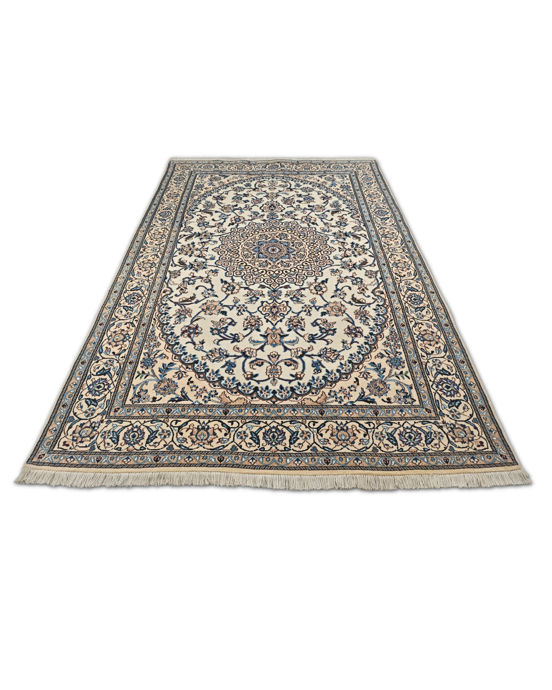 Cream and Blue Medallion Nain, Hand-Knotted Wool Rug