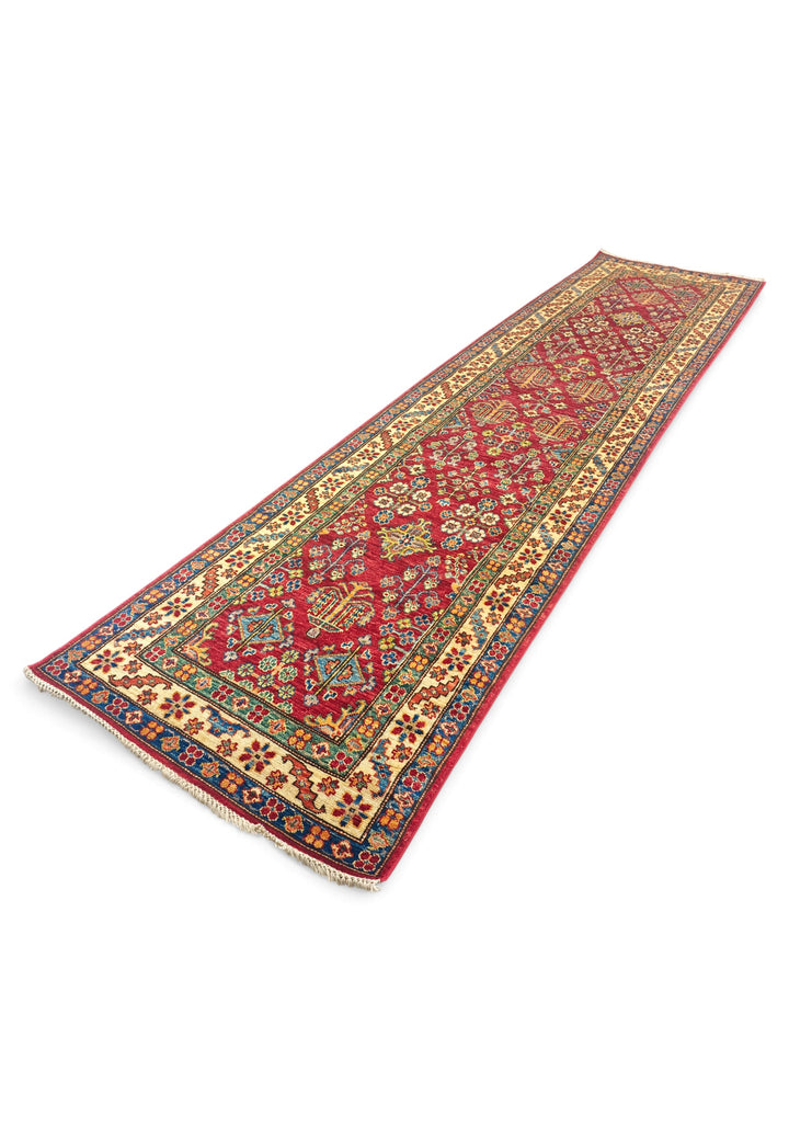 Red and Ivory All-Over Floral Kazak, Hand-Knotted Wool Rug