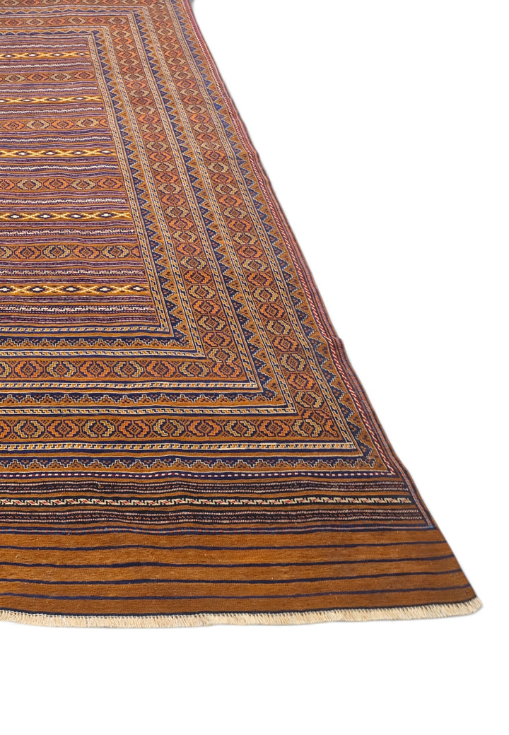Caramel and Gold Banded Kilim, Hand-Woven Wool