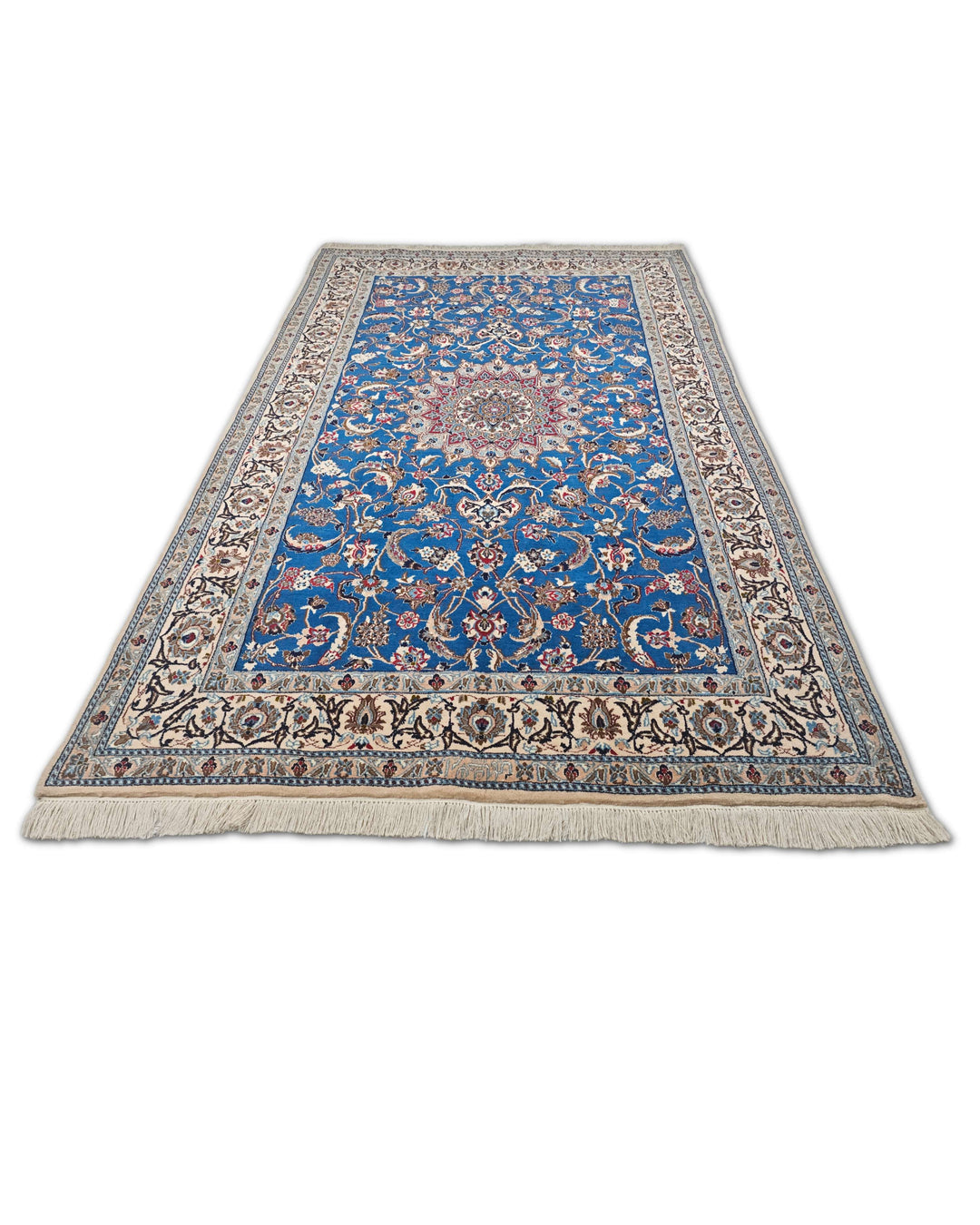 Cobalt Blue and Ivory Medallion Nain, Hand-Knotted Wool Rug