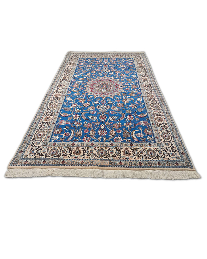 Cobalt Blue and Ivory Medallion Nain, Hand-Knotted Wool Rug
