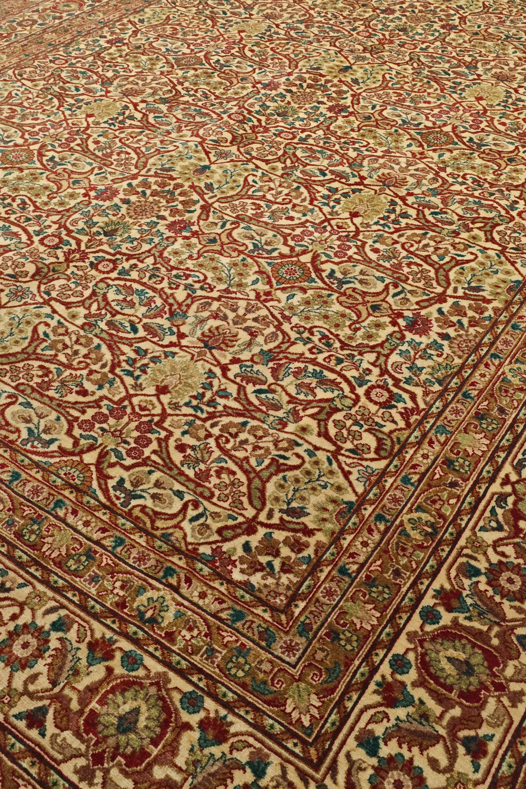 Cream and Red Floral Lattice, Hand-Knotted Wool Rug