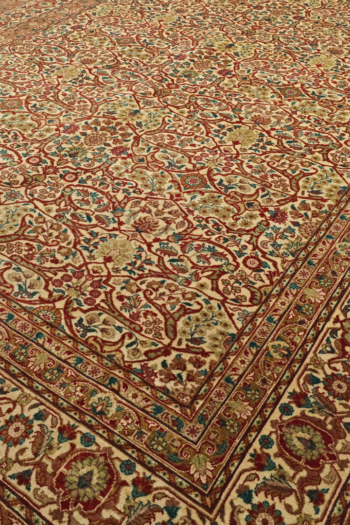 Cream and Red Floral Lattice, Hand-Knotted Wool Rug