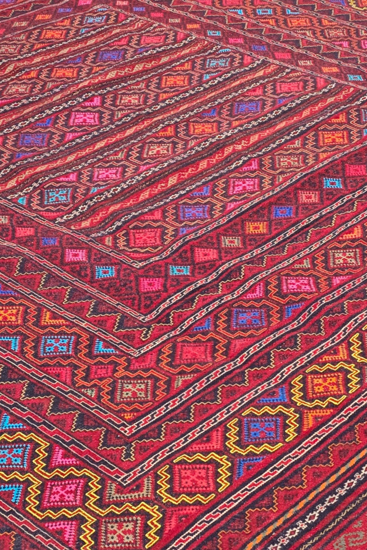 Rose Red and Gold Banded Kilim, Hand-Woven Wool