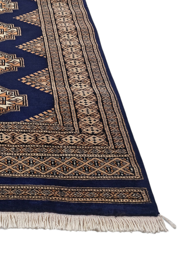 Navy and Beige Yamoud Rug, Hand-Knotted Wool