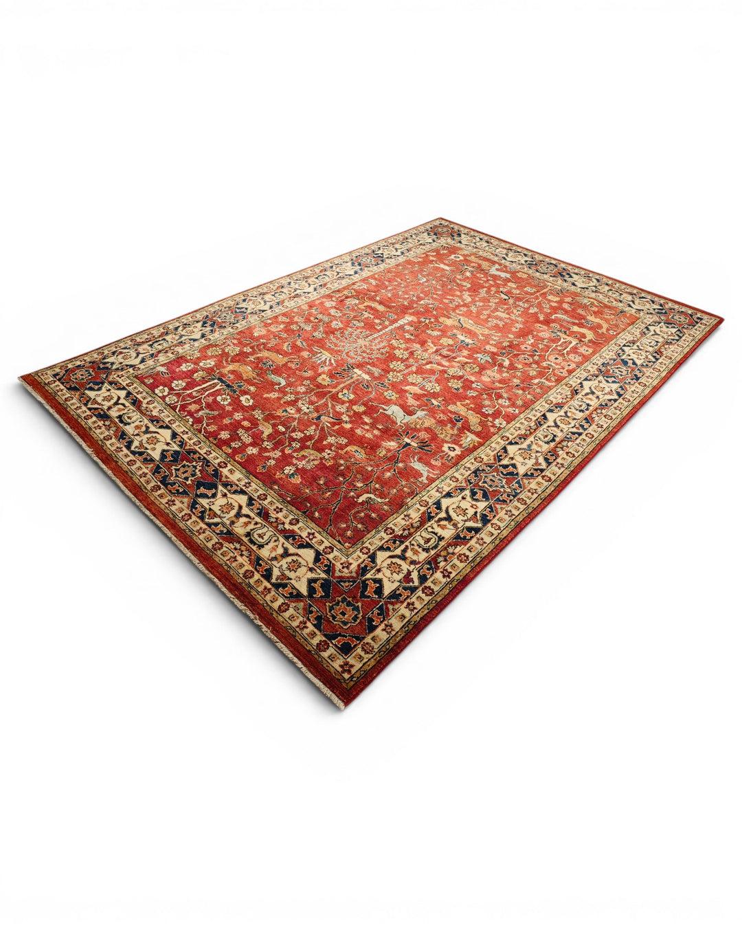 Red Shikargah Hunting Ghazni, Hand-Knotted Afghan Wool Rug