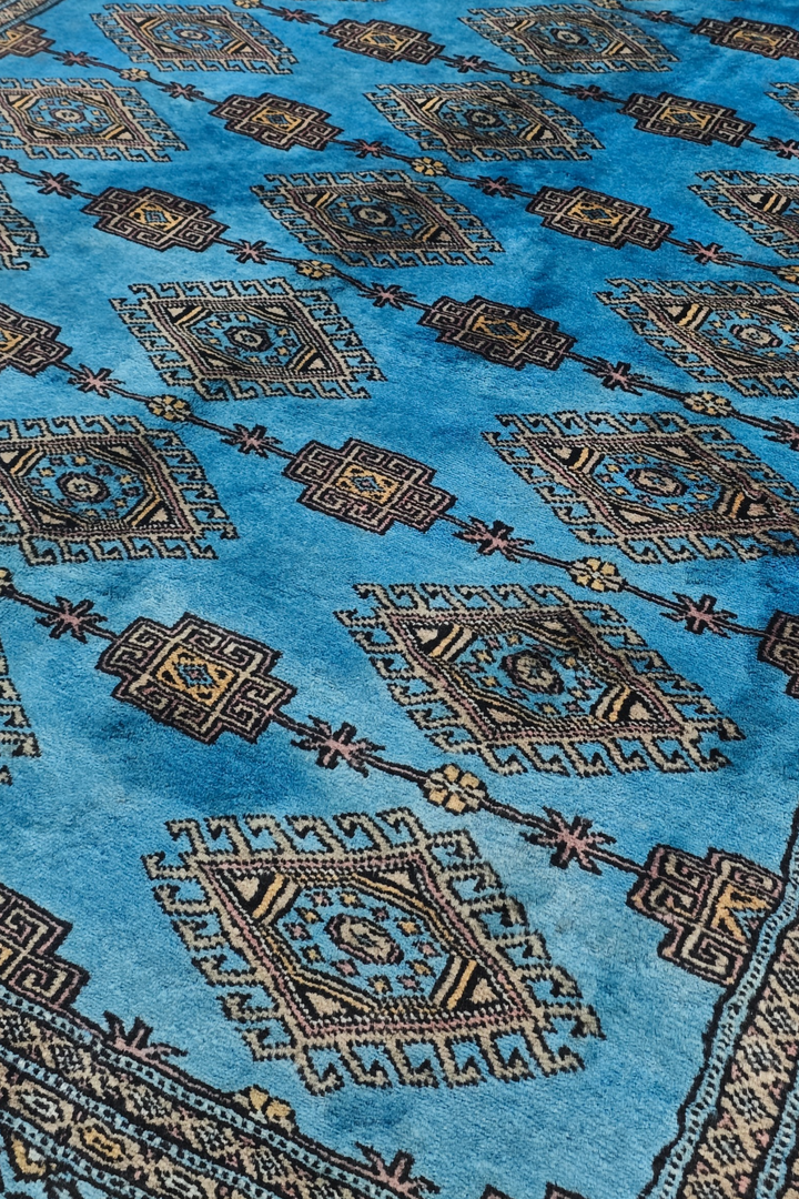 Azure Blue and Cream Jaldar Diamond Gül, Hand-Knotted Wool Rug