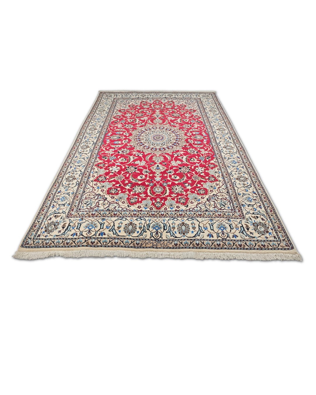 Red and Ivory Medallion Nain, Hand-Knotted Wool Rug