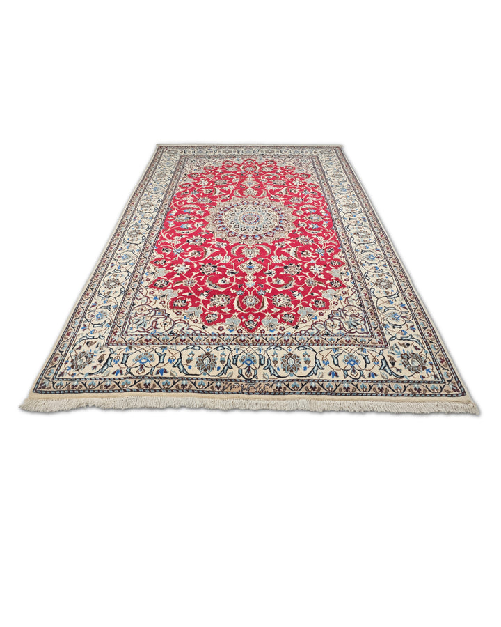 Red and Ivory Medallion Nain, Hand-Knotted Wool Rug