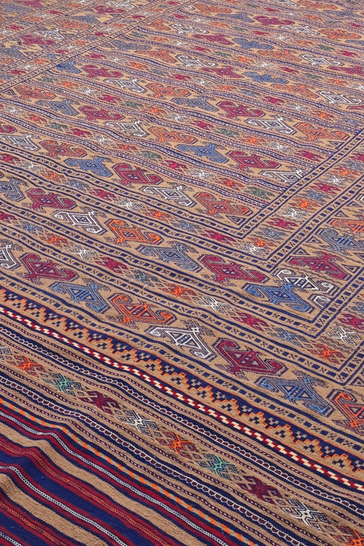Camel and Burgundy Banded Kilim, Hand-Woven Wool