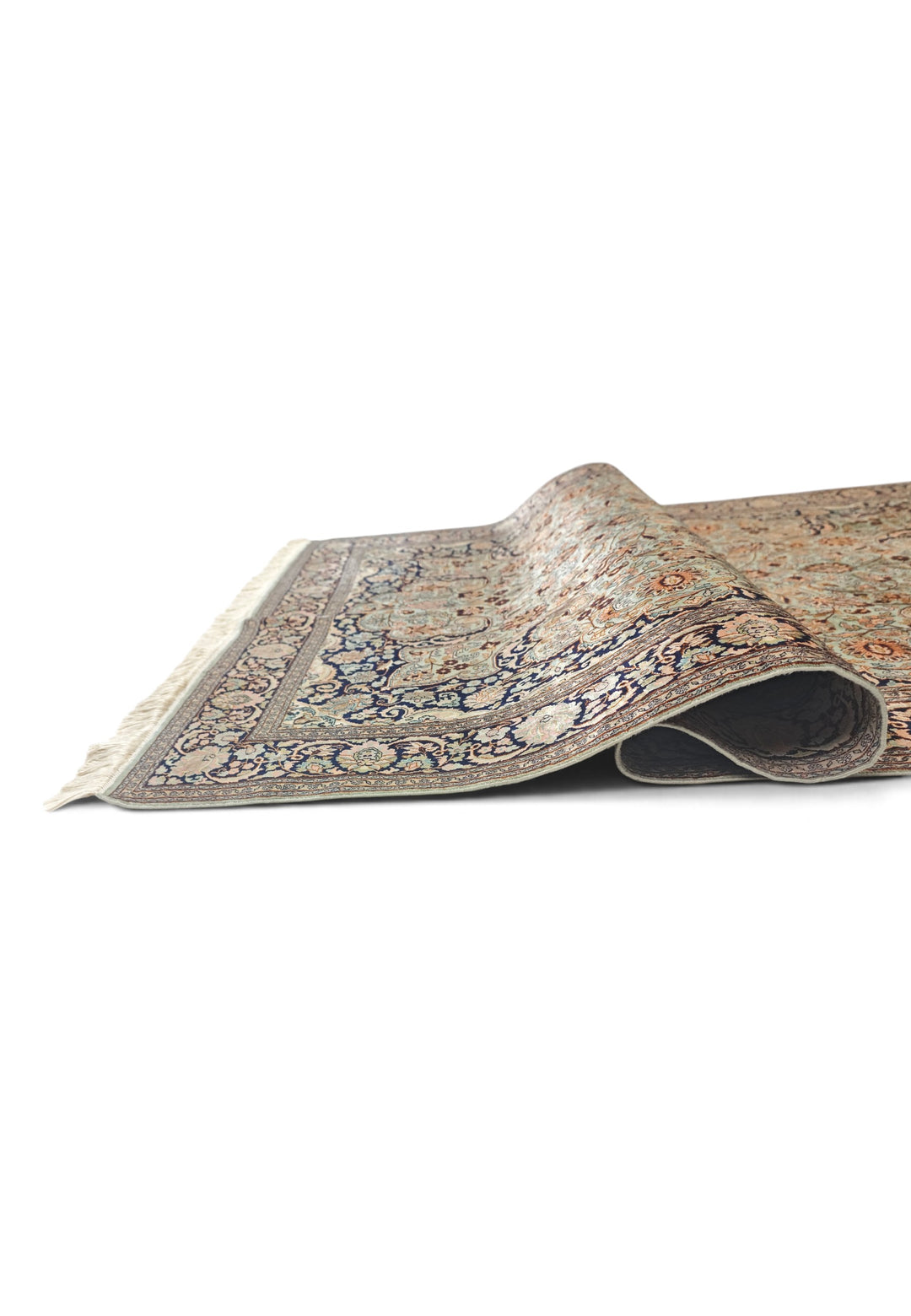 Sage Green and Black Arabesque Medallion, Hand-Knotted Silk Rug