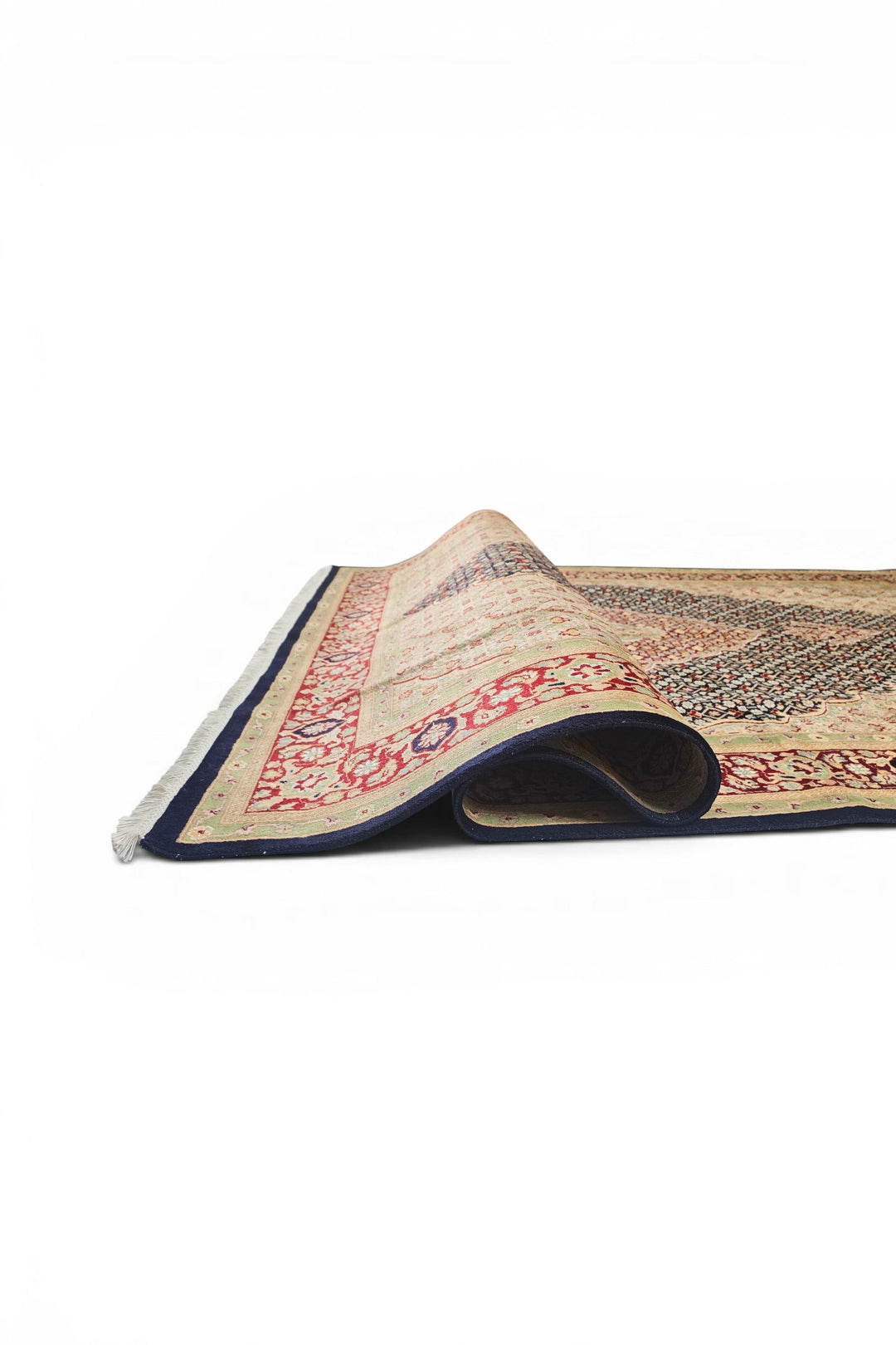 Navy and Cream Tabriz Mahi, Hand-Knotted Pakistani Wool and Silk Rug