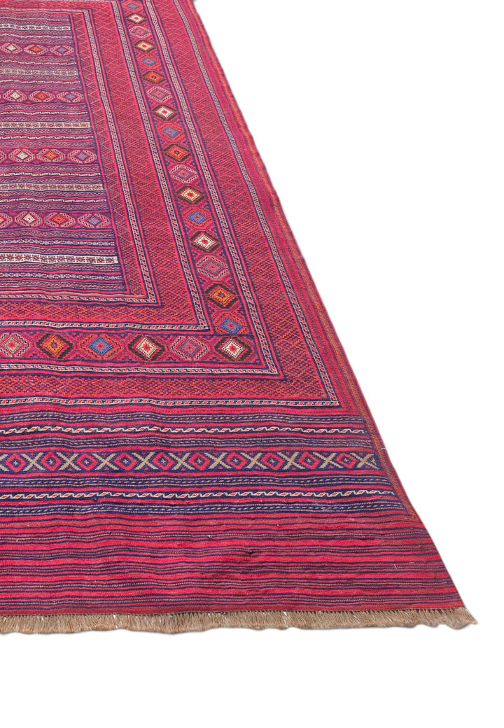 Magenta and Rose Banded Kilim, Hand-Woven Wool