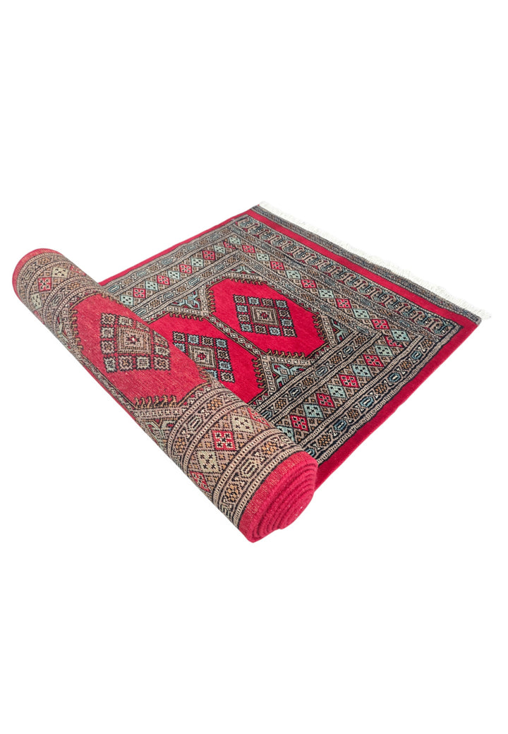 Crimson and Taupe Compartment Medallion, Hand-Knotted Wool Rug