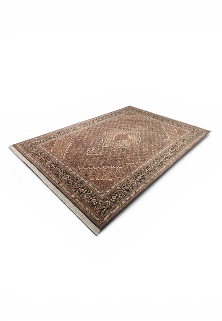 Brown Mahi Medallion Persian Tabriz, Hand-Knotted Wool Rug