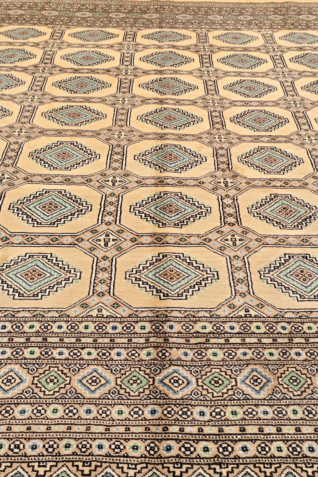 Camel Turkmen Gül Bokhara Square Rug, Hand-Knotted Pakistani Wool