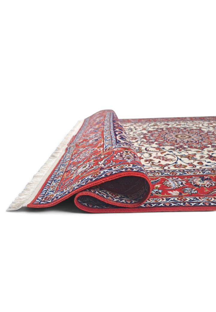 Ivory and Red Star Medallion Sirafian Isfahan, Hand-Knotted Wool Rug