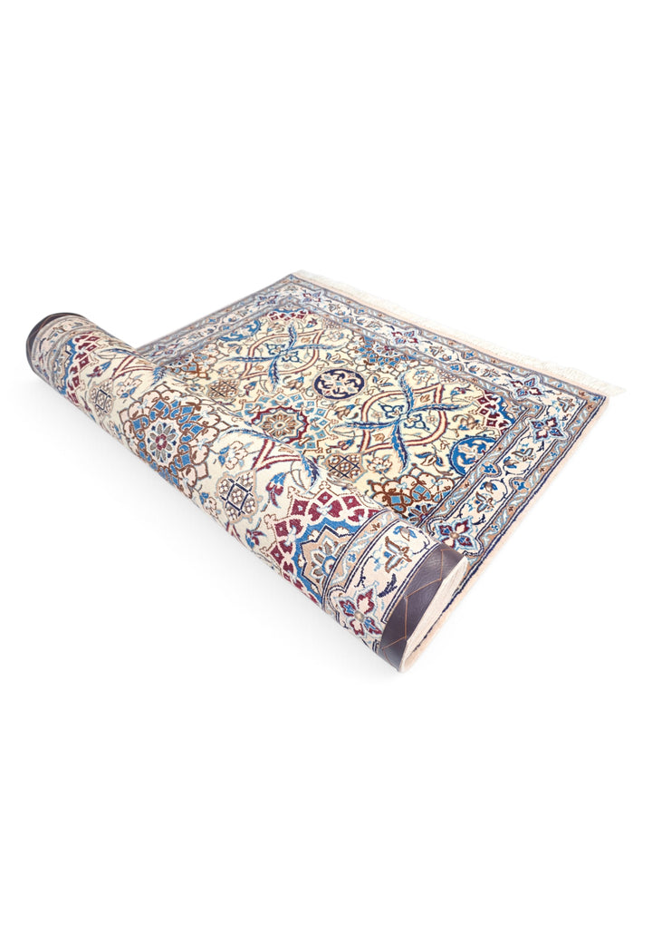 Ivory and Blue Lattice Medallion Nain, Hand-Knotted Wool Rug