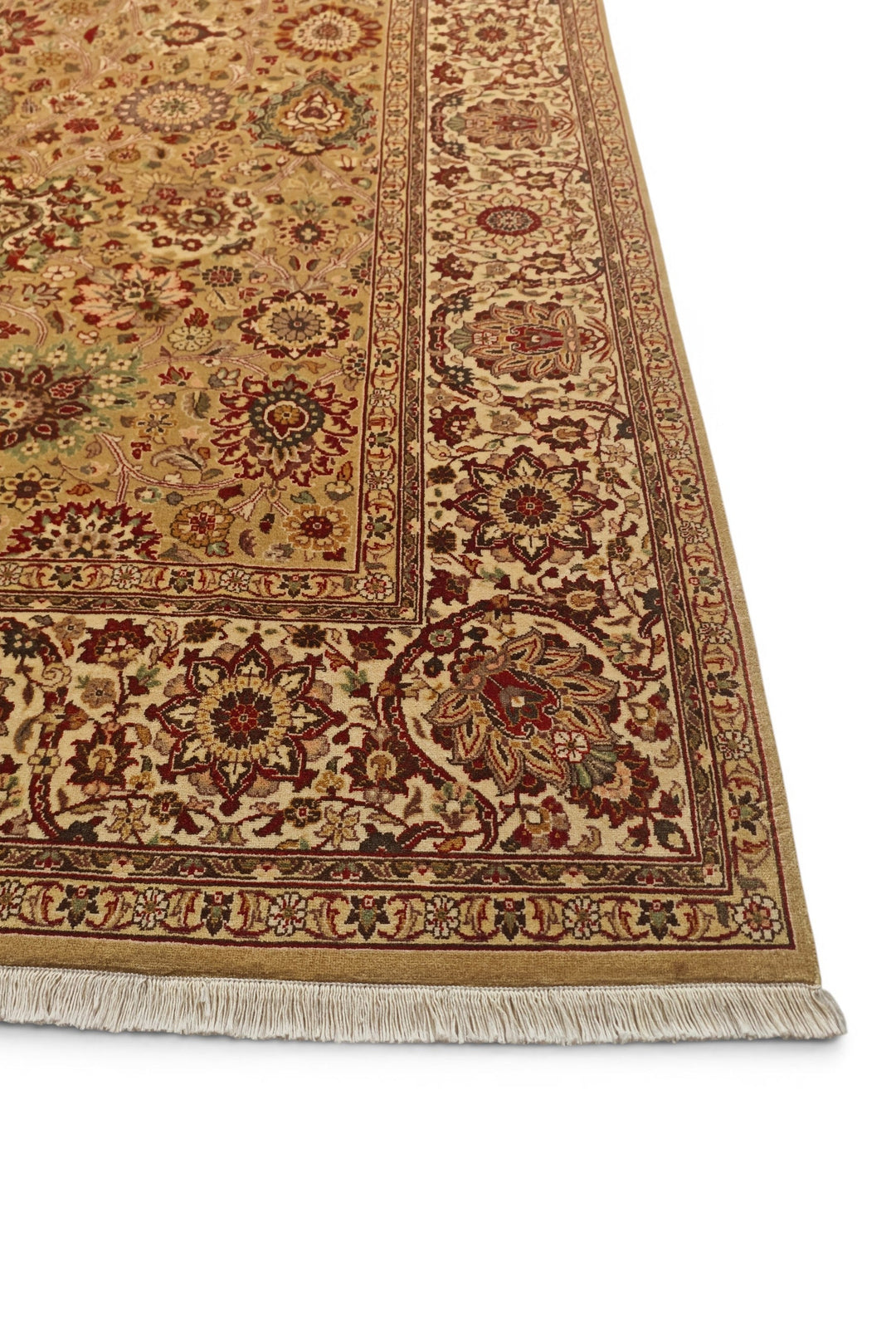 Gold and Ivory Tabriz Floral, Hand-Knotted Pakistani Wool Rug