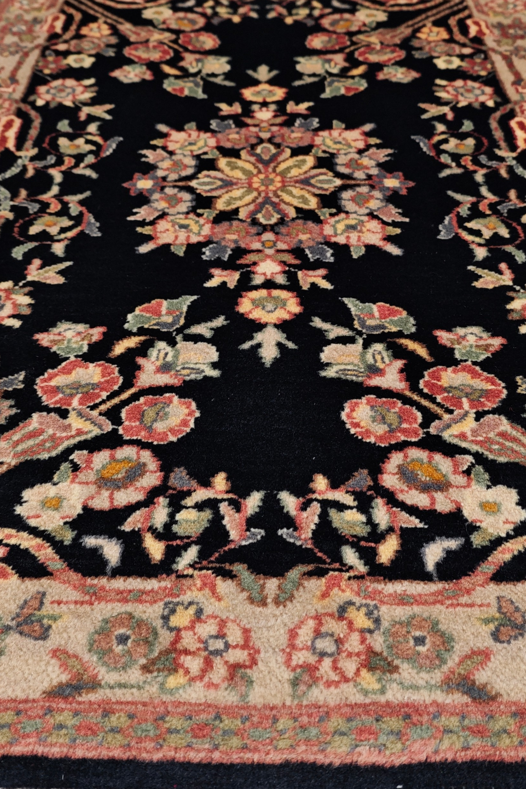 Black and Cream Kashan Floral Medallion, Hand-Knotted Wool Rug