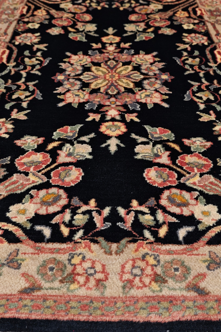 Black and Cream Kashan Floral Medallion, Hand-Knotted Wool Rug