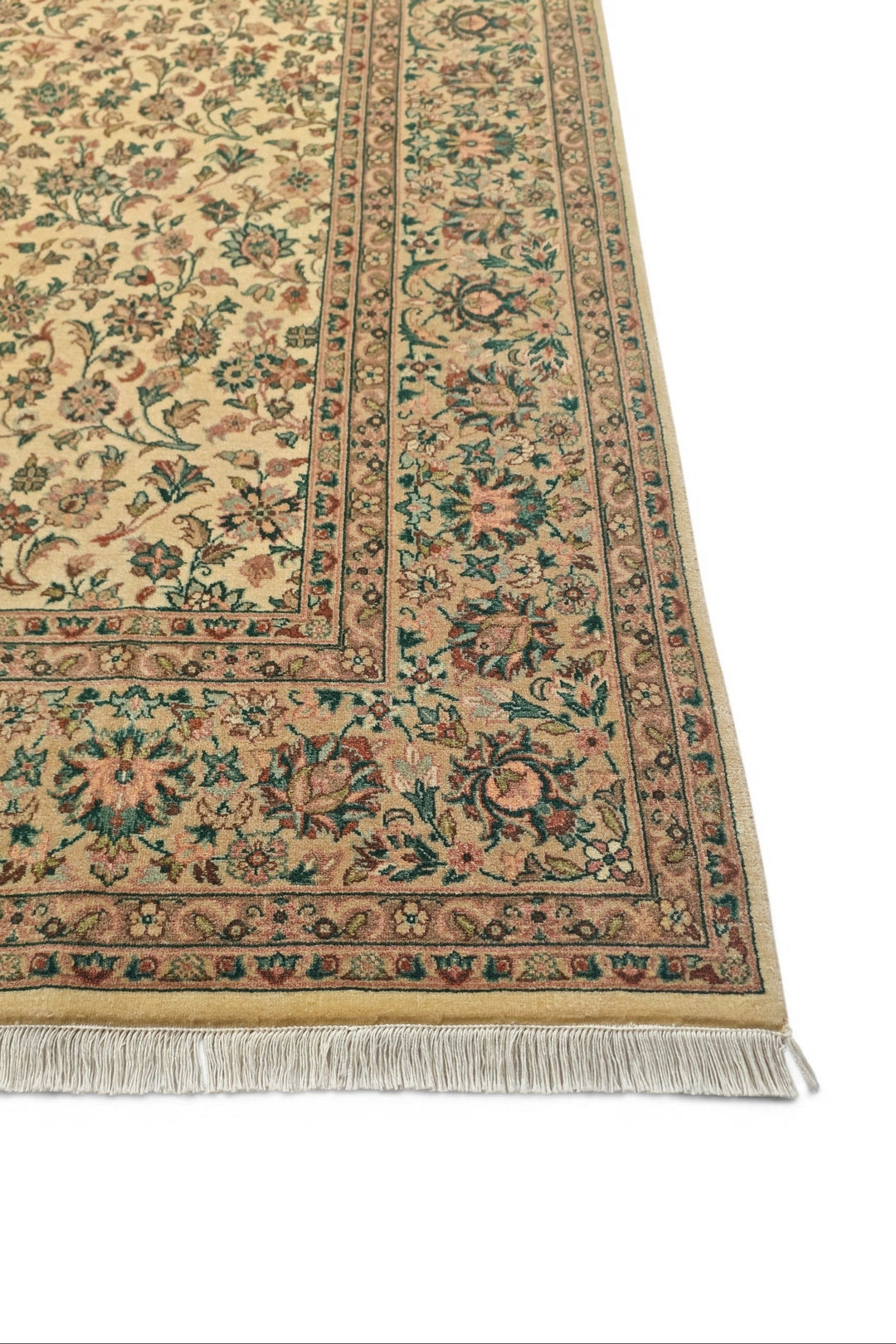 Cream and Green Floral Vine, Hand-Knotted Pakistani Wool Rug