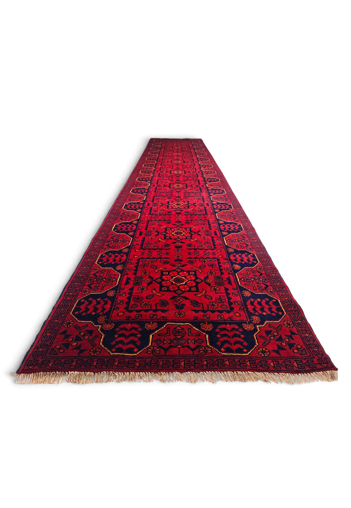 Cherry Red and Navy Khan Muhammadi Runner, Hand-Knotted Wool