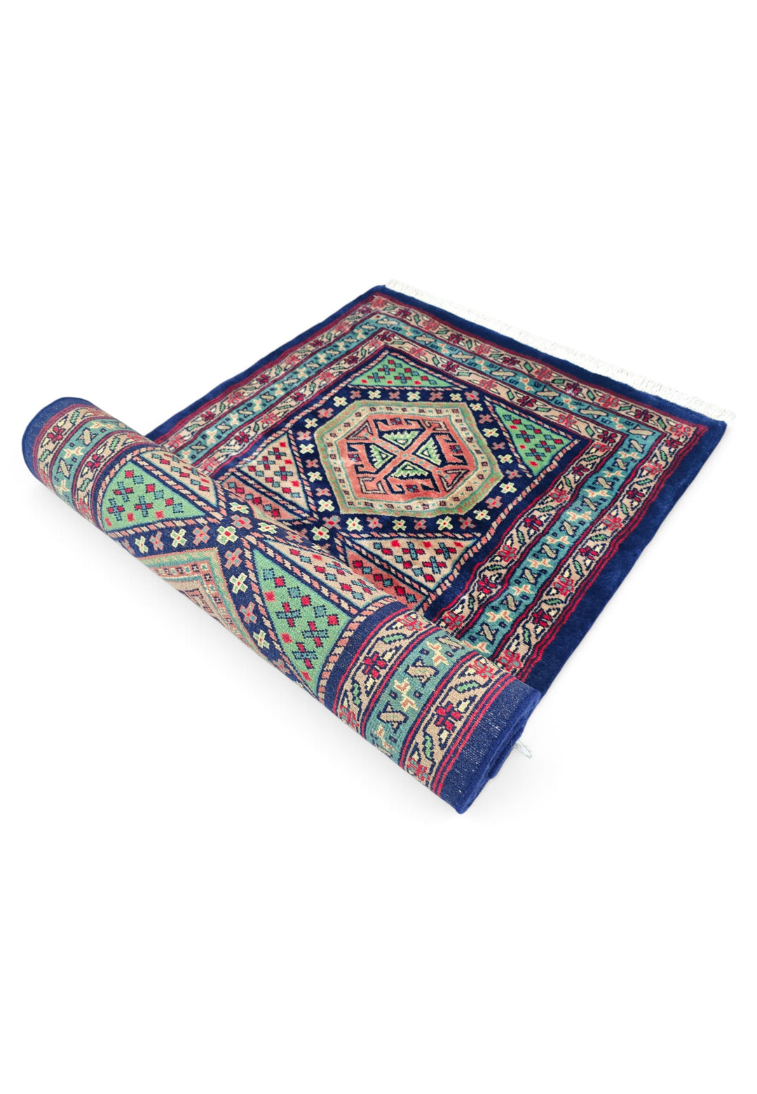 Navy and Rose Hexagonal Medallion Kazak, Hand-Knotted Wool Rug